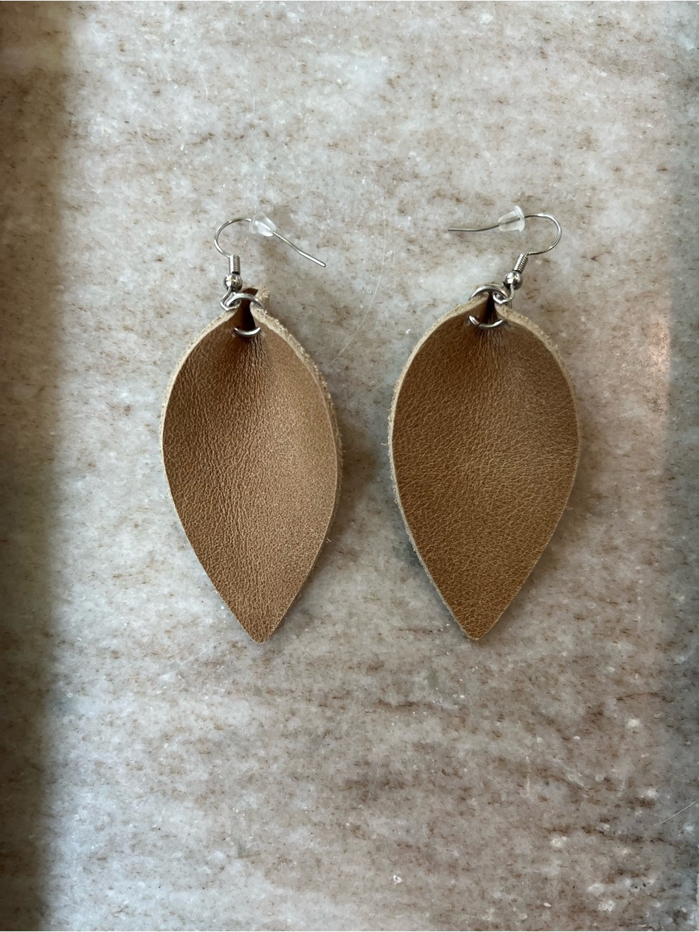 Tan Leather Leaf Drop Earrings